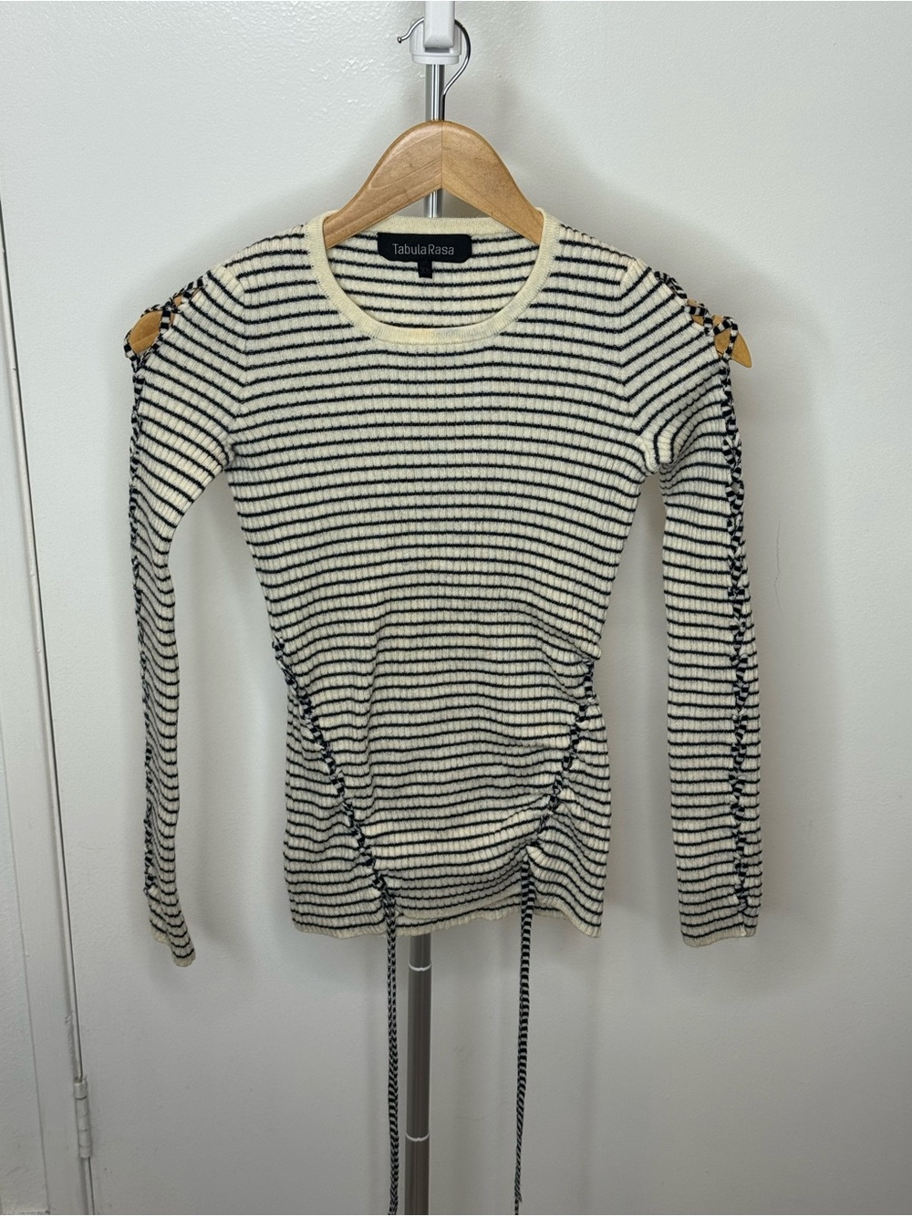 TabulaRasa Striped Lace-Up Ribbed Sweater Boho‎ Wool Romantic